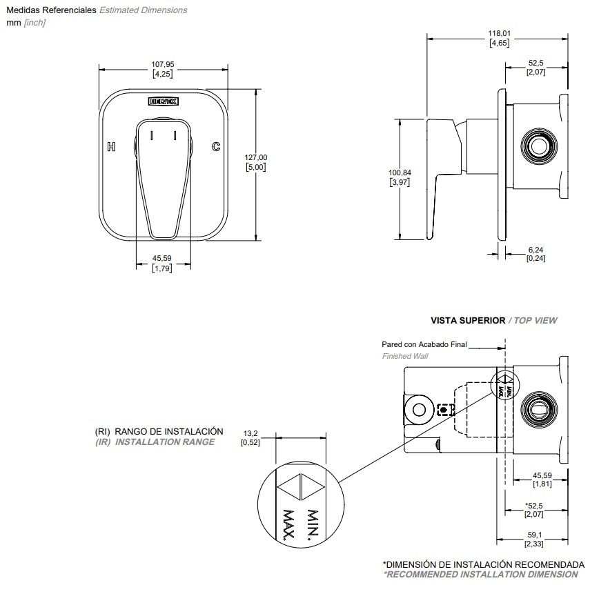 Helvex - Mezc. P/Reg/Tina Piazza Pia-200 Cromo S/Desv.