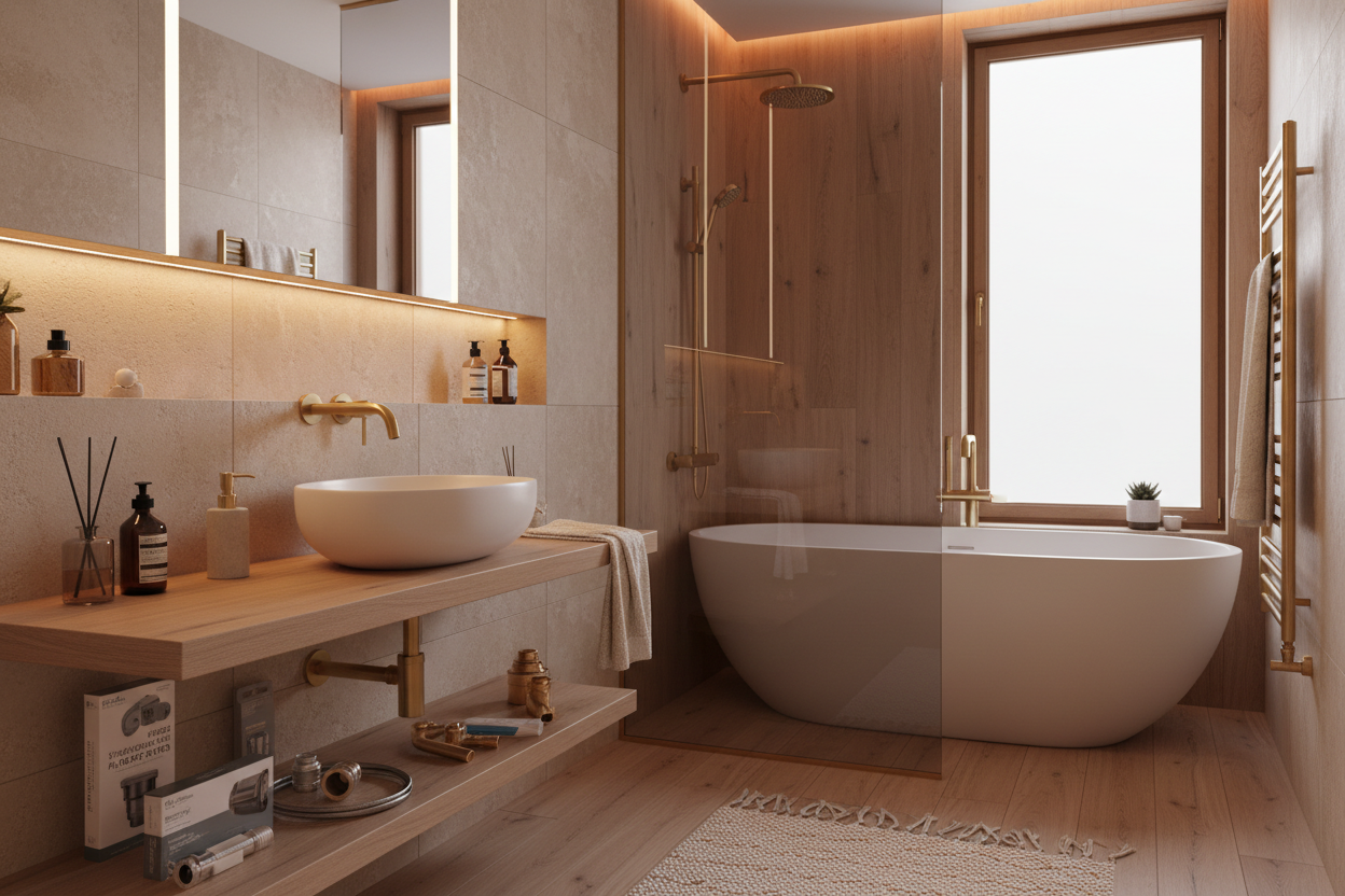 accesorios de baño, refacciones y plomería, baño asthetic, calido