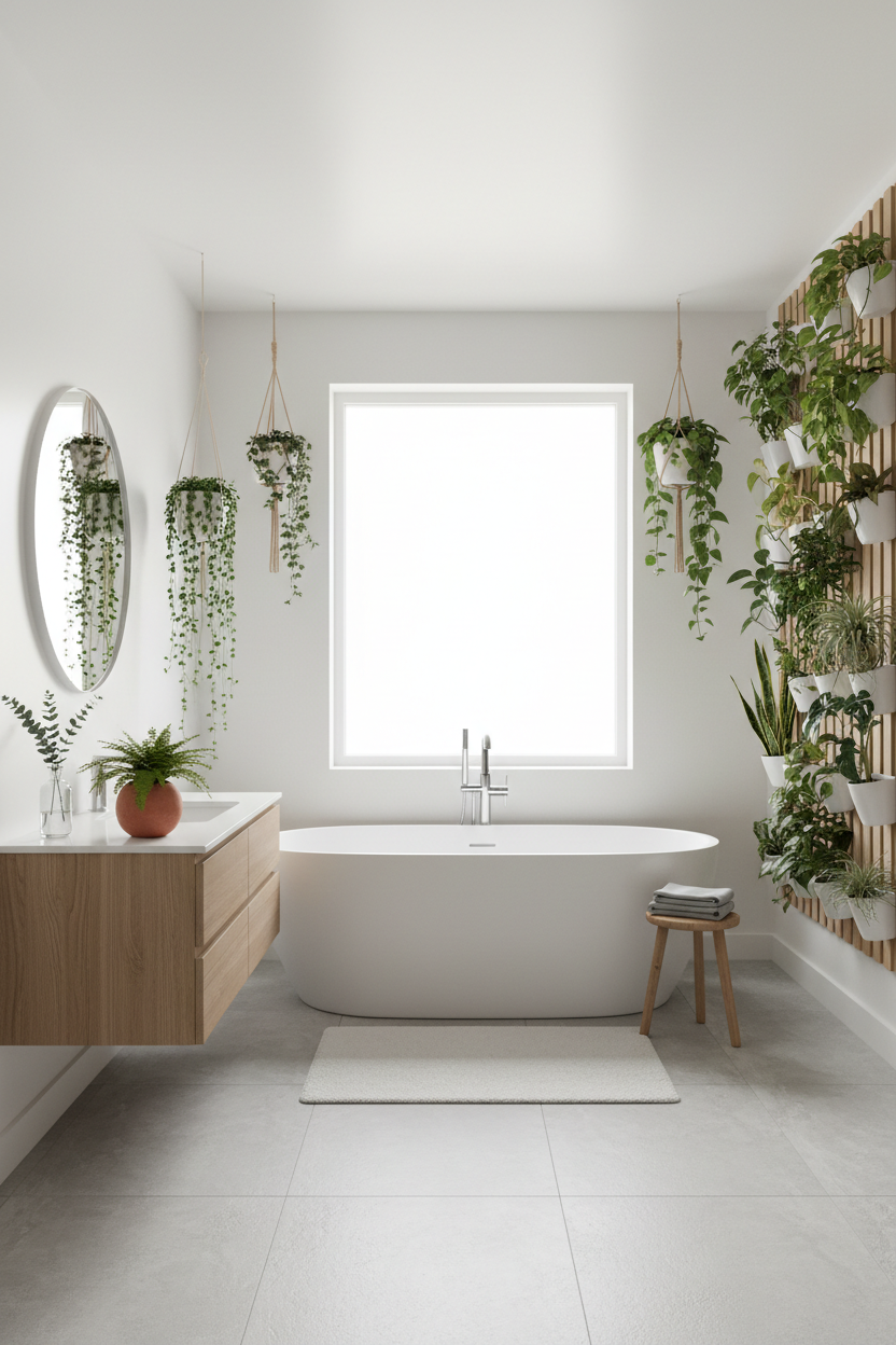 bathroom home asthetic minimalist, with plants, vertical