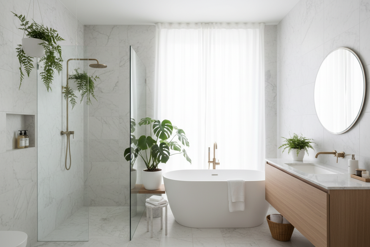 genera una imagen de baño elegante, minimalista limpio y con plantas
