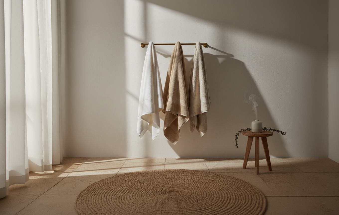 toallero, baño luz calida asthetic