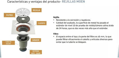 Moen - Coladera P/Piso Moen 207321 Cuad. (Ins. Ceram.)